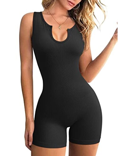 OQQ Women Yoga Rompers Workout Ribbed Sleeveless Sport Romper