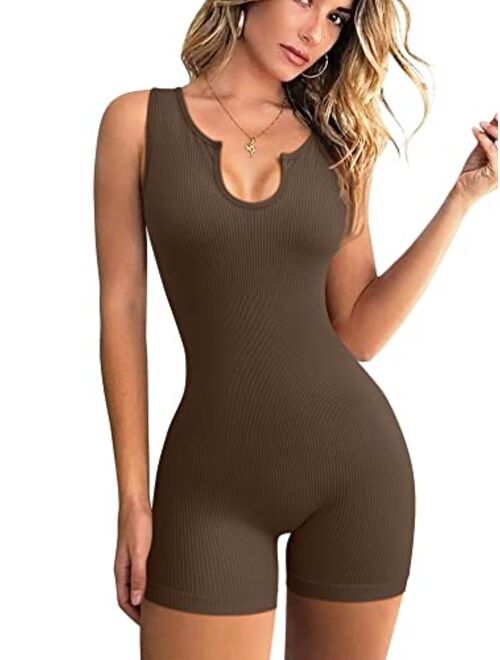 OQQ Women Yoga Rompers Workout Ribbed Sleeveless Sport Romper