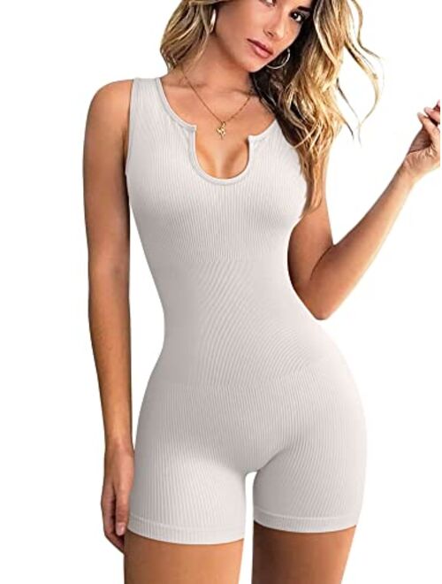 OQQ Women Yoga Rompers Workout Ribbed Sleeveless Sport Romper