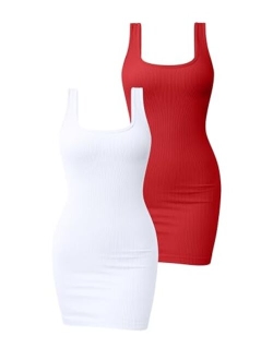 Women's 2 Piece Dresses Ribbed Sleeveless Square Neck Tank Tops Mini Dress