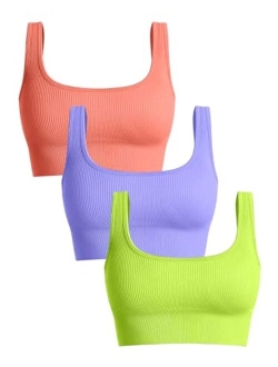 Women's 3 Piece Medium Support Tank Top Ribbed Seamless Removable Cups Workout Exercise Sport Bra