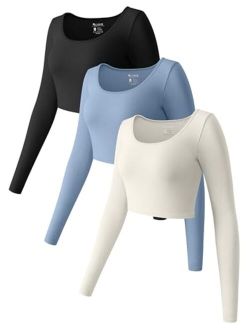 Women's 3 Piece Crop Tops Long Sleeve Round Neck Stretch Fitted Underscrubs Shirts Crop Tops