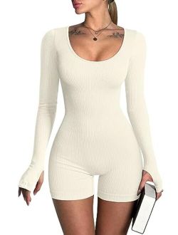 Women Yoga Rompers Ribbed Workout Long Sleeve Round Neck Exercise Jumpsuits Rompers