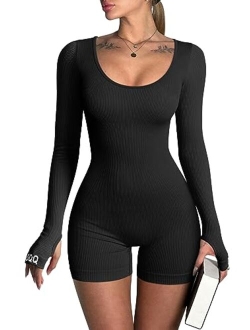 Women Yoga Rompers Ribbed Workout Long Sleeve Round Neck Exercise Jumpsuits Rompers