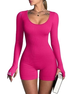 Women Yoga Rompers Ribbed Workout Long Sleeve Round Neck Exercise Jumpsuits Rompers