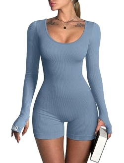 Women Yoga Rompers Ribbed Workout Long Sleeve Round Neck Exercise Jumpsuits Rompers