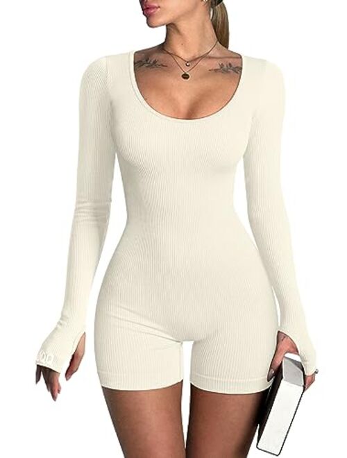 Buy OQQ Women Yoga Rompers Ribbed Workout Long Sleeve Round Neck