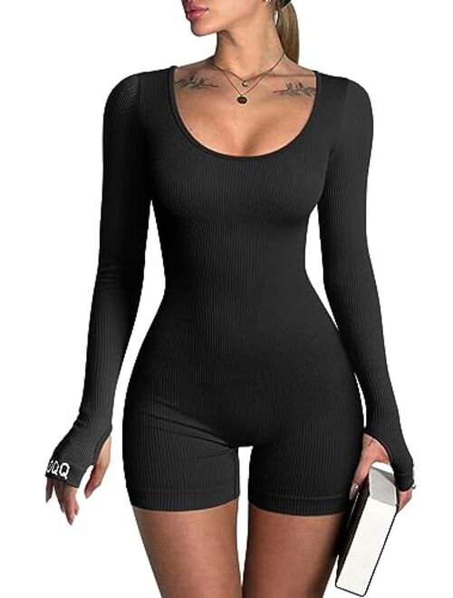 OQQ Women Yoga Rompers Ribbed Workout Long Sleeve Round Neck Exercise Jumpsuits Rompers