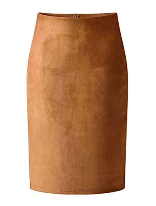 CHARTOU Womens Lightweight Elastic-Waist Faux Suede Leather Side Split Hip Packaged Skirt