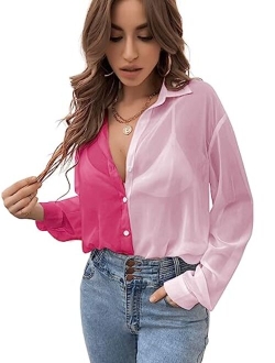 Women's Sheer Mesh Button Down Shirt Top Long Sleeve Drop Shoulder Blouse