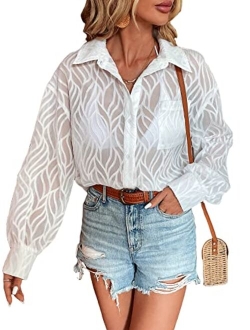 Women's Sheer Mesh Button Down Shirt Top Long Sleeve Drop Shoulder Blouse