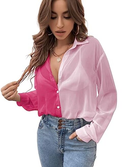 Verdusa Women's Sheer Mesh Button Down Shirt Top Long Sleeve Drop Shoulder Blouse