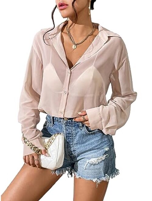 Verdusa Women's Sheer Mesh Button Down Shirt Top Long Sleeve Drop Shoulder Blouse