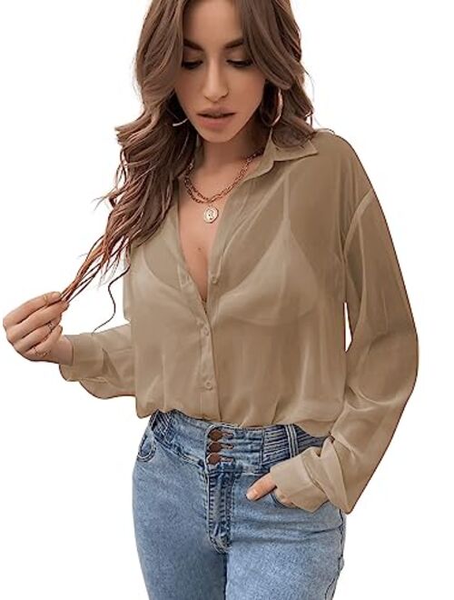 Verdusa Women's Sheer Mesh Button Down Shirt Top Long Sleeve Drop Shoulder Blouse