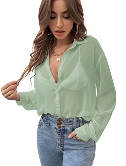 Verdusa Women's Sheer Mesh Button Down Shirt Top Long Sleeve Drop Shoulder Blouse