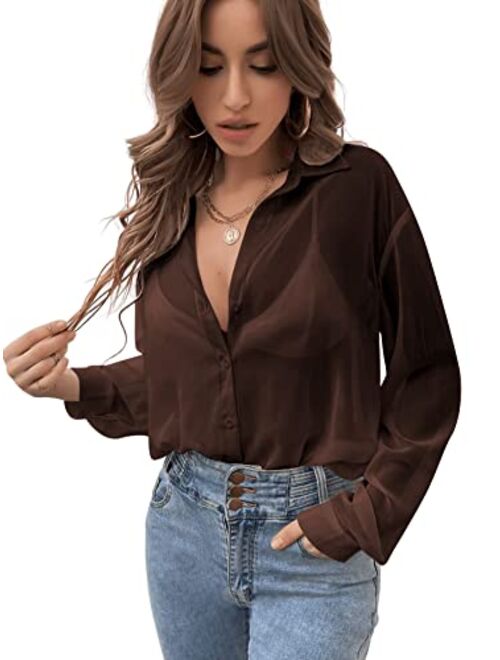 Verdusa Women's Sheer Mesh Button Down Shirt Top Long Sleeve Drop Shoulder Blouse