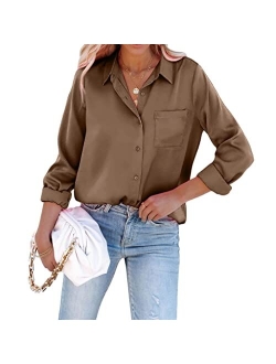 Pausus Satin Button Down Shirts for Women Long Sleeve Office Slim Fit Blouses Casual Business Silk Tops with Pocket S-XXL