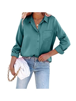 Pausus Satin Button Down Shirts for Women Long Sleeve Office Slim Fit Blouses Casual Business Silk Tops with Pocket S-XXL