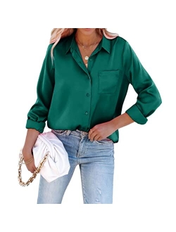 Pausus Satin Button Down Shirts for Women Long Sleeve Office Slim Fit Blouses Casual Business Silk Tops with Pocket S-XXL