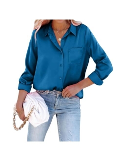 Pausus Satin Button Down Shirts for Women Long Sleeve Office Slim Fit Blouses Casual Business Silk Tops with Pocket S-XXL