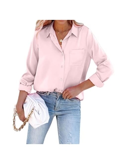 Pausus Satin Button Down Shirts for Women Long Sleeve Office Slim Fit Blouses Casual Business Silk Tops with Pocket S-XXL