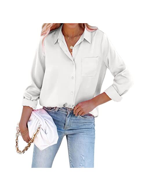 Pausus Satin Button Down Shirts for Women Long Sleeve Office Slim Fit Blouses Casual Business Silk Tops with Pocket S-XXL