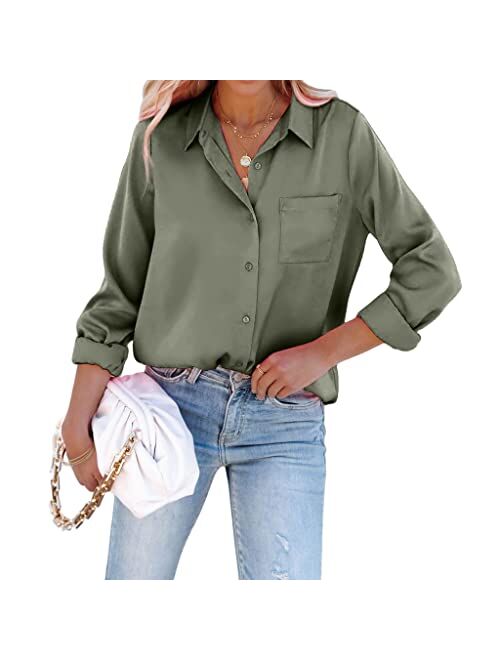 Pausus Satin Button Down Shirts for Women Long Sleeve Office Slim Fit Blouses Casual Business Silk Tops with Pocket S-XXL