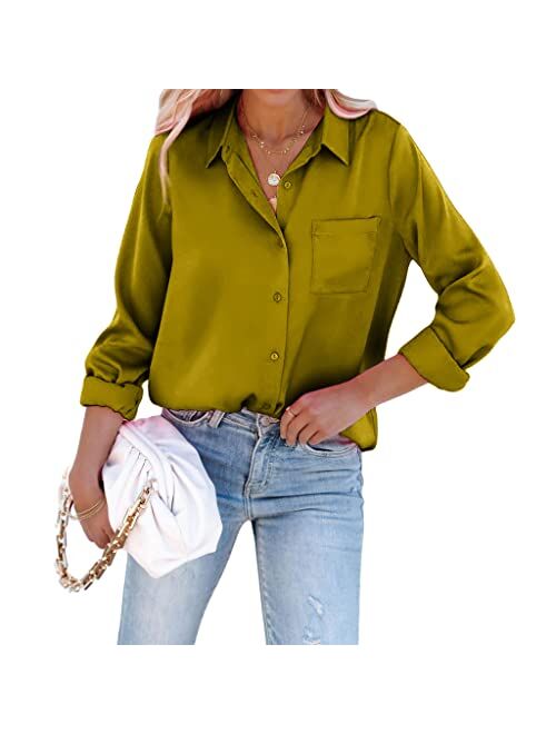 Pausus Satin Button Down Shirts for Women Long Sleeve Office Slim Fit Blouses Casual Business Silk Tops with Pocket S-XXL