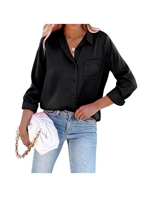 Pausus Satin Button Down Shirts for Women Long Sleeve Office Slim Fit Blouses Casual Business Silk Tops with Pocket S-XXL