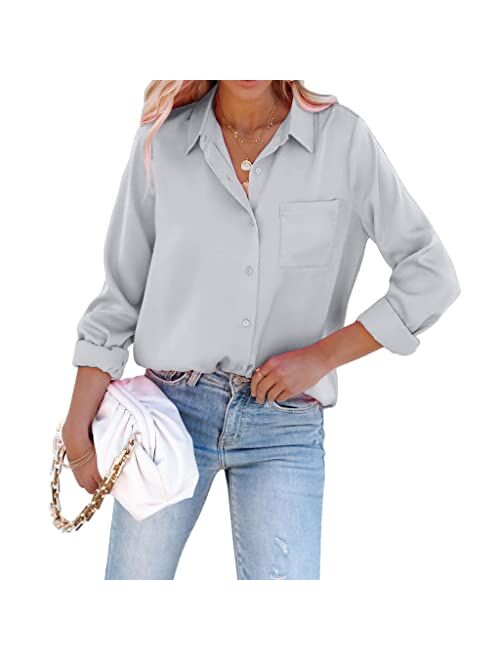 Pausus Satin Button Down Shirts for Women Long Sleeve Office Slim Fit Blouses Casual Business Silk Tops with Pocket S-XXL