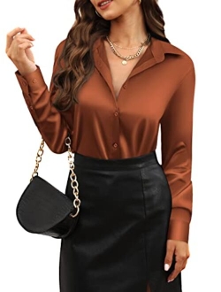 CUNLIN Womens Soft Satin Silk Button Down Shirts for Women Silky Long Sleeve Work Shirt Dress Blouses Tops