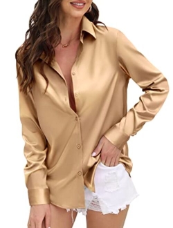 CUNLIN Womens Soft Satin Silk Button Down Shirts for Women Silky Long Sleeve Work Shirt Dress Blouses Tops