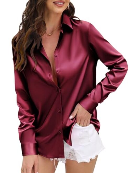 CUNLIN Womens Soft Satin Silk Button Down Shirts for Women Silky Long Sleeve Work Shirt Dress Blouses Tops