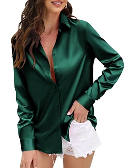 CUNLIN Womens Soft Satin Silk Button Down Shirts for Women Silky Long Sleeve Work Shirt Dress Blouses Tops