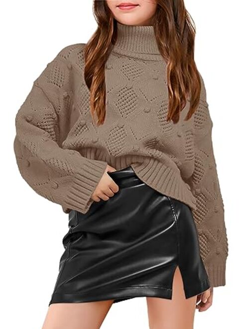 Haloumoning Girls Turtleneck Sweaters Kids Long Batwing Sleeve Chunky Knit Pullover Jumper 5-14 Years