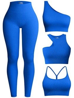 Womens 4 Piece Workout Outfits Ribbed Yoga High Waist Leggings with 3 Piece Crop Tops with Sports Bra Exercise Set