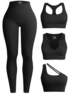 Womens 4 Piece Workout Outfits Ribbed Yoga High Waist Leggings with 3 Piece Crop Tops with Sports Bra Exercise Set