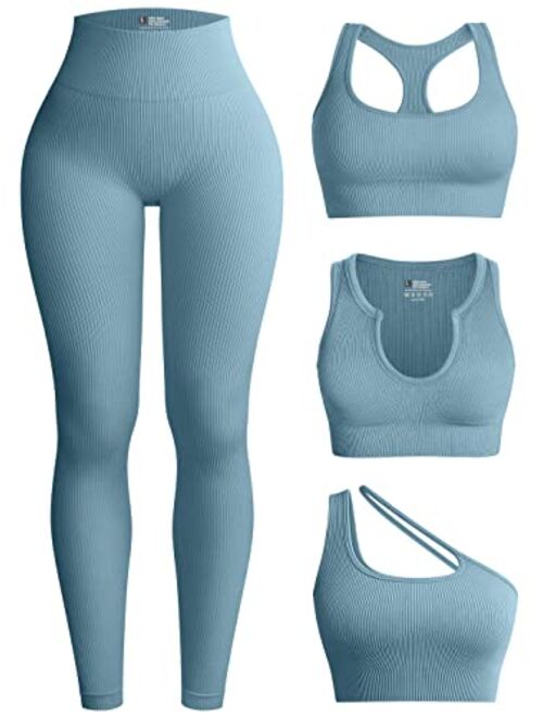 OQQ Womens 4 Piece Workout Outfits Ribbed Yoga High Waist Leggings with 3 Piece Crop Tops with Sports Bra Exercise Set