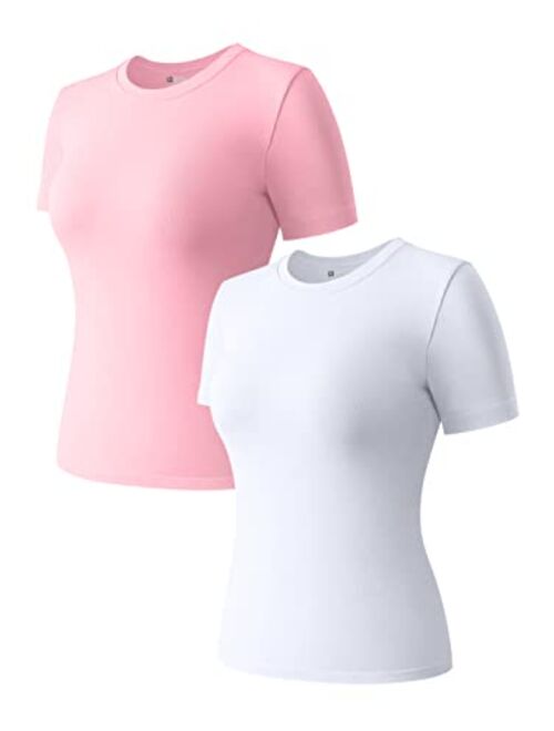 OQQ Women's 2 Piece Short Sleeve Tops Crew Neck Stretch Fitted Layer Tee Shirts Tops