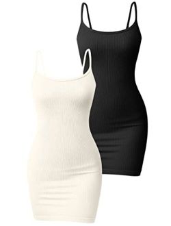 Women's 2 Piece Dresses Ribbed Sleeveless Adjustable Spaghetti Strips Tops Mini Dress