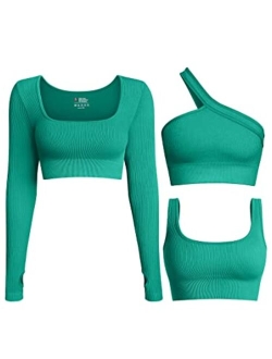 Women's 3 Piece Crop Tops Ribbed Long Sleeve Workout Tops One Shoulder Yoga Crop Top Exercise Sports Bra