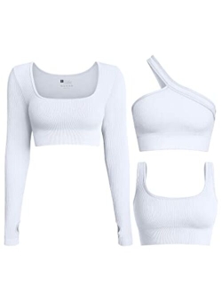 Women's 3 Piece Crop Tops Ribbed Long Sleeve Workout Tops One Shoulder Yoga Crop Top Exercise Sports Bra