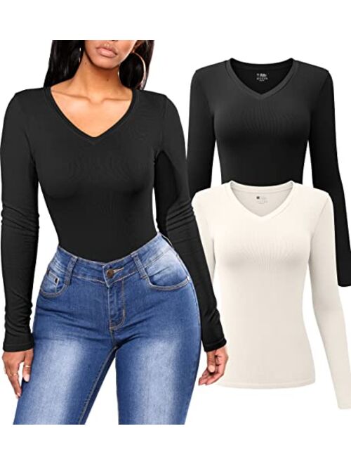 OQQ Women's 2 Piece Long Sleeve Tops V Neck Stretch Fitted Underscrubs Layer Tees Shirts