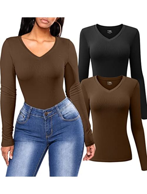 OQQ Women's 2 Piece Long Sleeve Tops V Neck Stretch Fitted Underscrubs Layer Tees Shirts