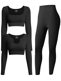 Women's 3 Piece Outfits Ribbed Exercise Long Sleeve Crop Tops Workout High Waist Leggings Yoga Set