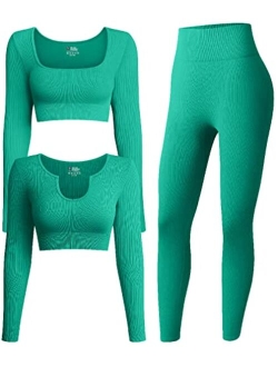 Women's 3 Piece Outfits Ribbed Exercise Long Sleeve Crop Tops Workout High Waist Leggings Yoga Set