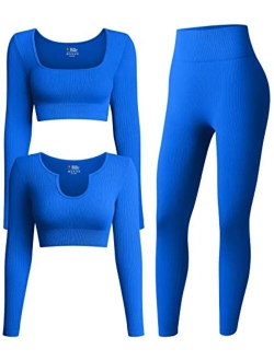 Women's 3 Piece Outfits Ribbed Exercise Long Sleeve Crop Tops Workout High Waist Leggings Yoga Set