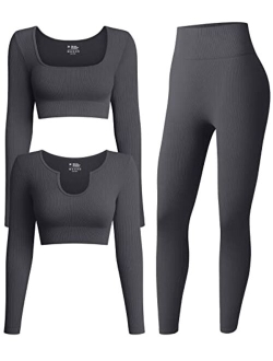 Women's 3 Piece Outfits Ribbed Exercise Long Sleeve Crop Tops Workout High Waist Leggings Yoga Set