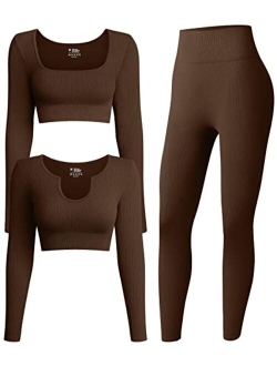 Women's 3 Piece Outfits Ribbed Exercise Long Sleeve Crop Tops Workout High Waist Leggings Yoga Set