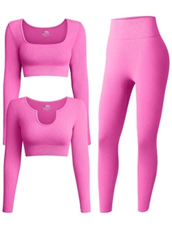 Women's 3 Piece Outfits Ribbed Exercise Long Sleeve Crop Tops Workout High Waist Leggings Yoga Set